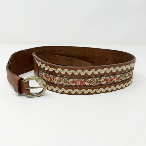 None and/or Unknown Accessories - Brown Leather Folk Belt Paisley Fabric Rickrack Festival Ren Faire Peasant Sz M